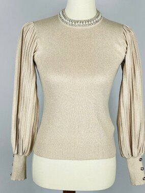Nanette Lepore Sweater Sz S Gold Metallic Puff Bishop Sleeve Pearl Rhinestone